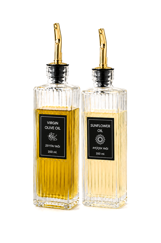 2'li Thery Çizgili Cam Yağdanlık Seti 2x350 ml, Gold Tıpalı Akıtmaz Başlıklı, 7x7x22 cm