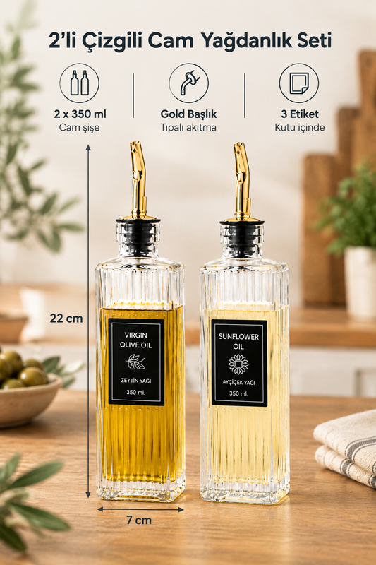 2'li Thery Çizgili Cam Yağdanlık Seti 2x350 ml, Gold Tıpalı Akıtmaz Başlıklı, 7x7x22 cm