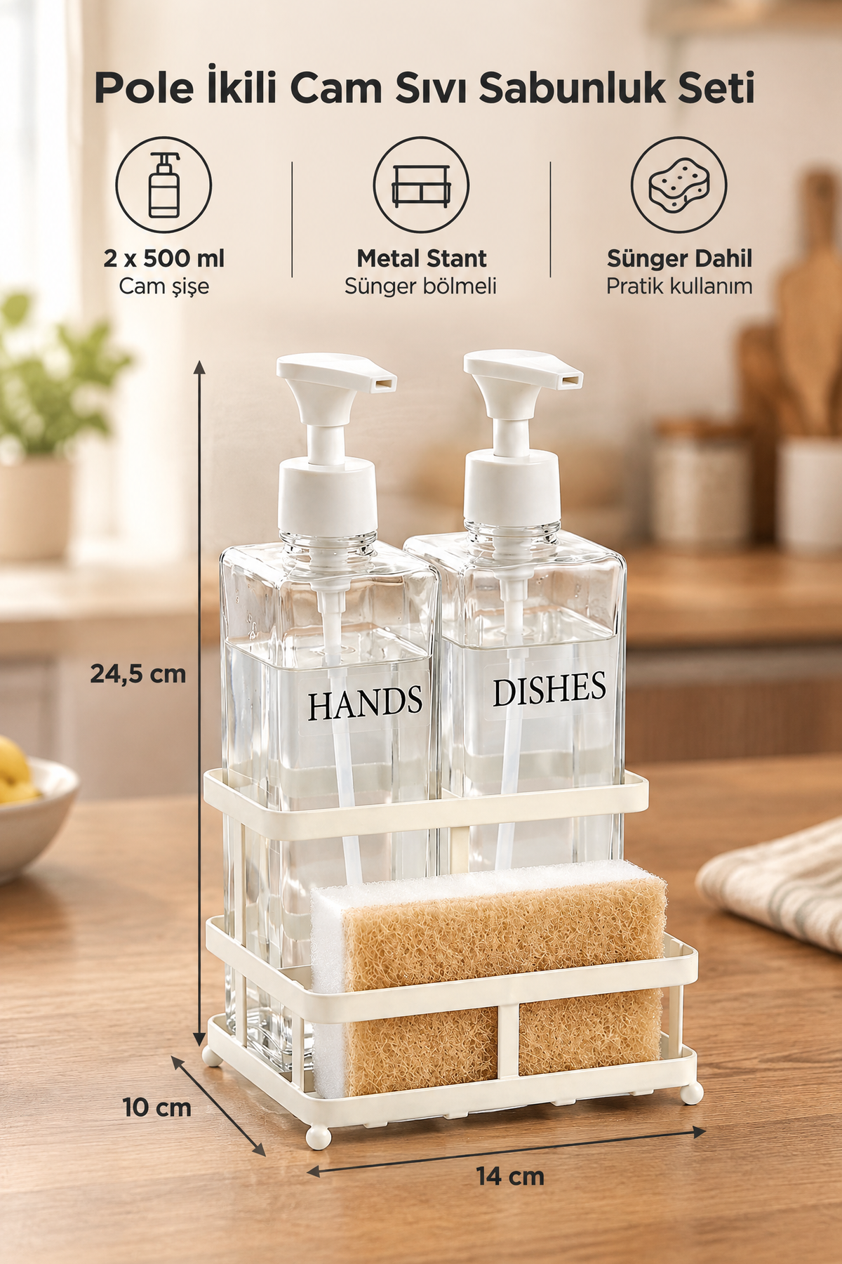 Krem Metal Stantlı Pole İkili Cam Sıvı Sabunluk Seti, 2 x 500 ml, 14 x 10 x 24,5 cm, Sünger Dahil