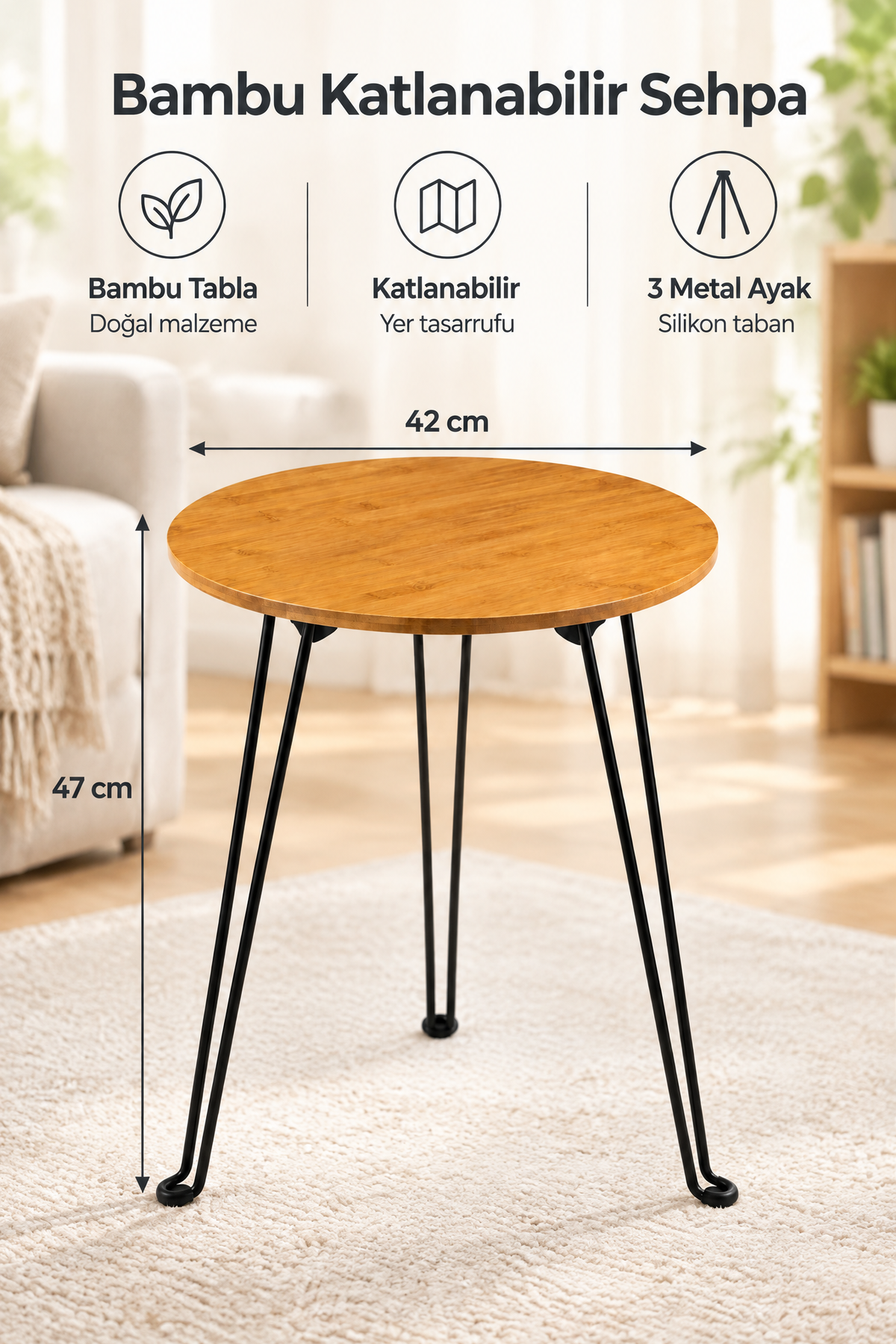 Bambu Katlanabilir Sehpa, 42 cm Çap, 47 cm Yükseklik, Metal 3 Ayaklı