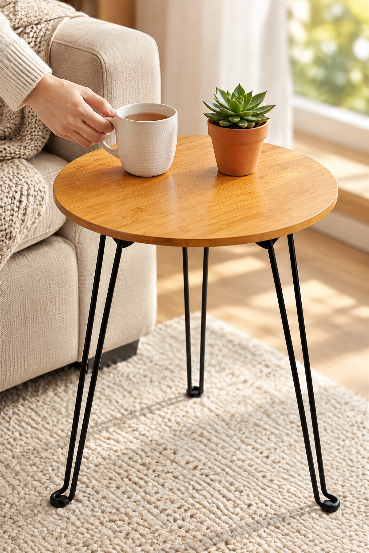 Bambu Katlanabilir Sehpa, 42 cm Çap, 47 cm Yükseklik, Metal 3 Ayaklı