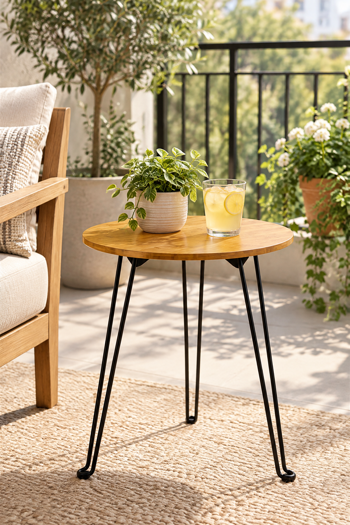 Bambu Katlanabilir Sehpa, 42 cm Çap, 47 cm Yükseklik, Metal 3 Ayaklı