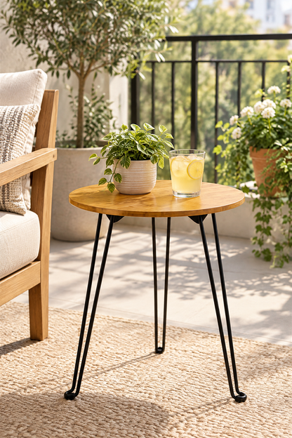 Bambu Katlanabilir Sehpa, 42 cm Çap, 47 cm Yükseklik, Metal 3 Ayaklı