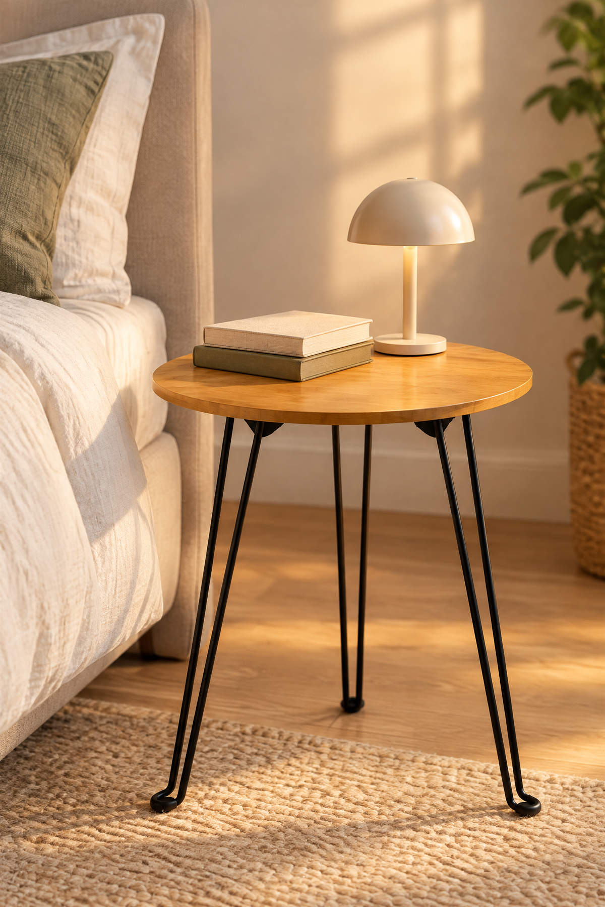 Bambu Katlanabilir Sehpa, 42 cm Çap, 47 cm Yükseklik, Metal 3 Ayaklı