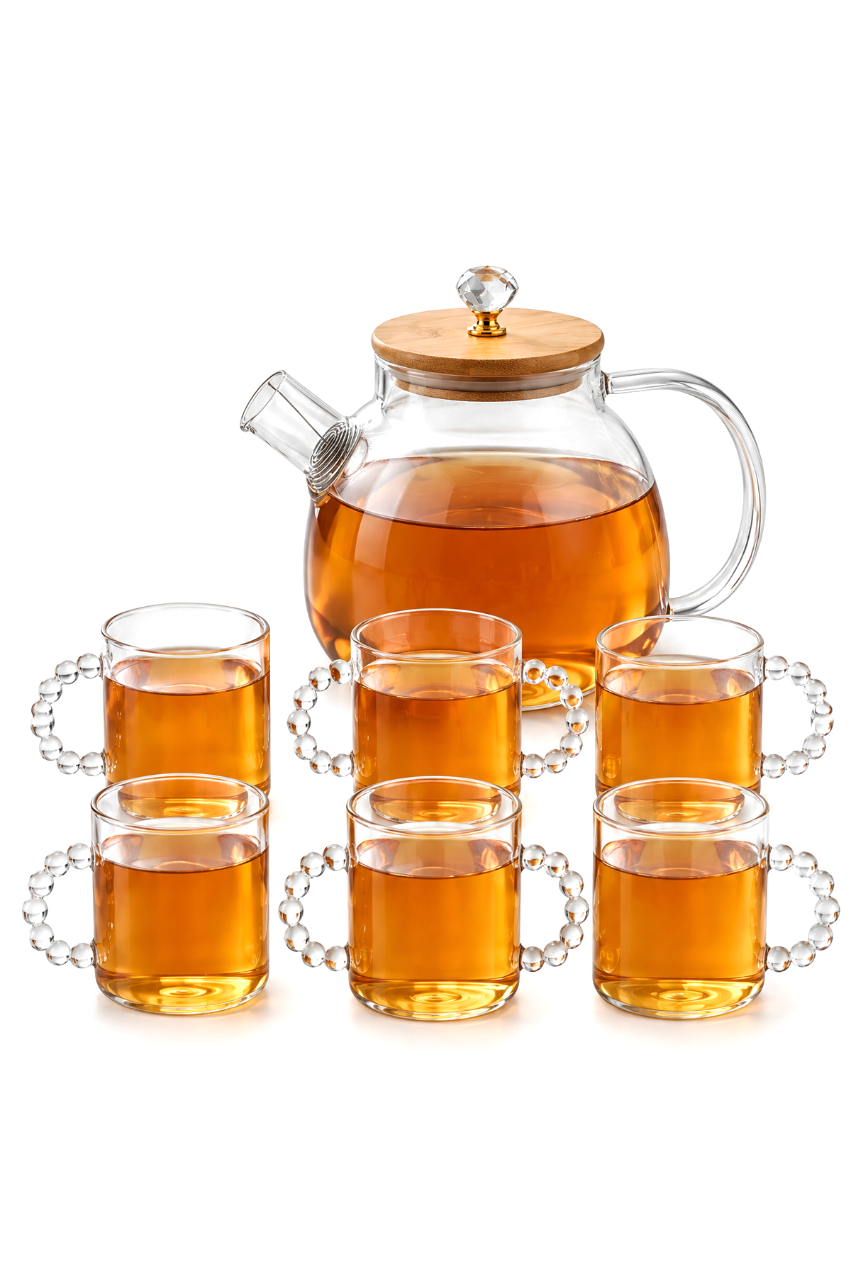 Cam Çay Seti, 1000 ml Bambu Kapaklı Demlik ve 6 Adet 110 ml Bardak