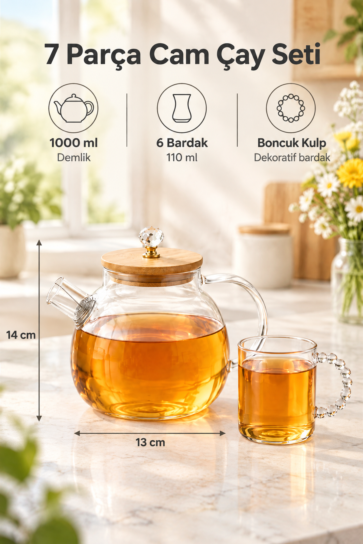 Cam Çay Seti, 1000 ml Bambu Kapaklı Demlik ve 6 Adet 110 ml Bardak