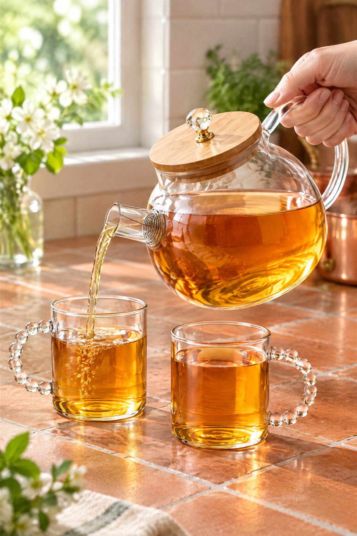 Cam Çay Seti, 1000 ml Bambu Kapaklı Demlik ve 6 Adet 110 ml Bardak
