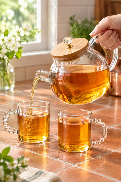 Cam Çay Seti, 1000 ml Bambu Kapaklı Demlik ve 6 Adet 110 ml Bardak