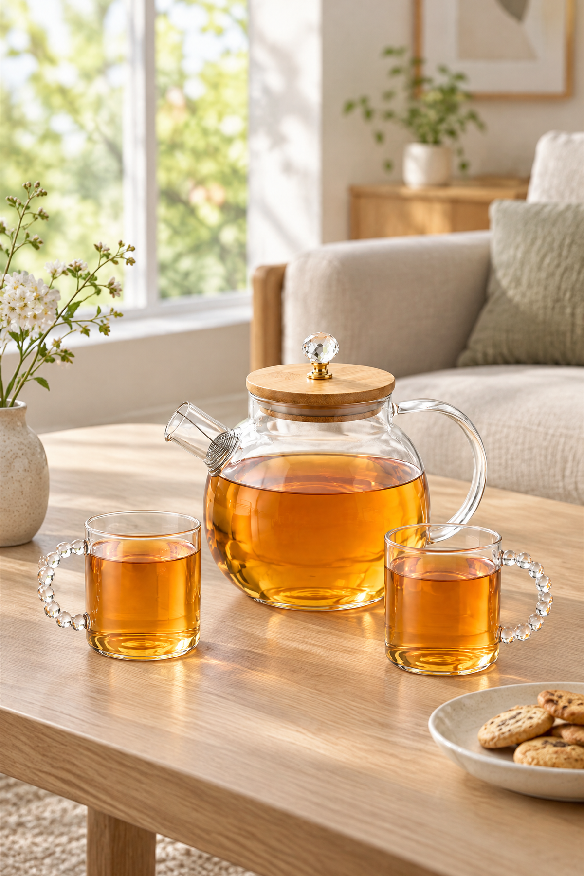 Cam Çay Seti, 1000 ml Bambu Kapaklı Demlik ve 6 Adet 110 ml Bardak