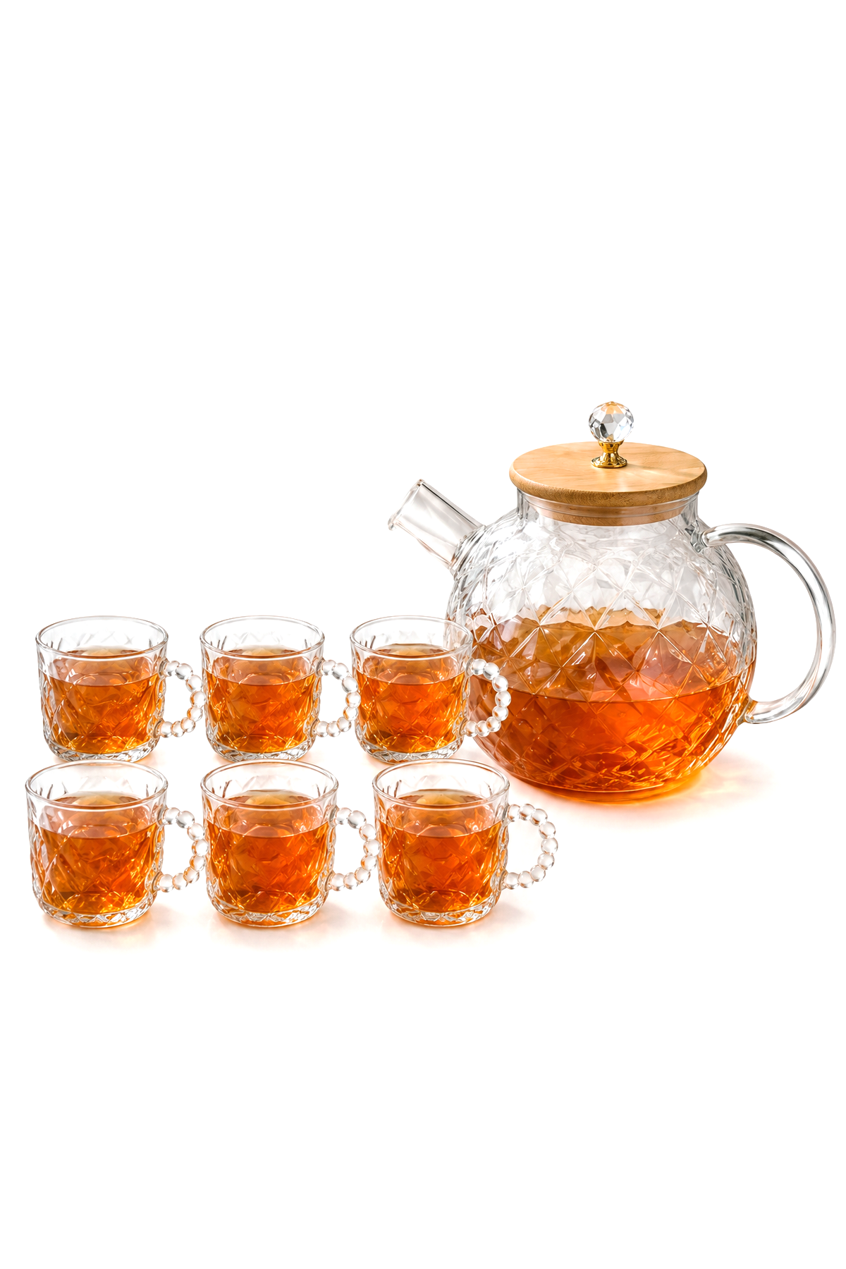 Bambu Kapaklı Desenli Cam Çay Seti – 7 Parça (1000 ml demlik + 6 adet 110 ml çay bardağı)