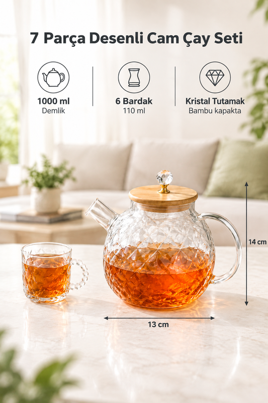 Bambu Kapaklı Desenli Cam Çay Seti – 7 Parça (1000 ml demlik + 6 adet 110 ml çay bardağı)