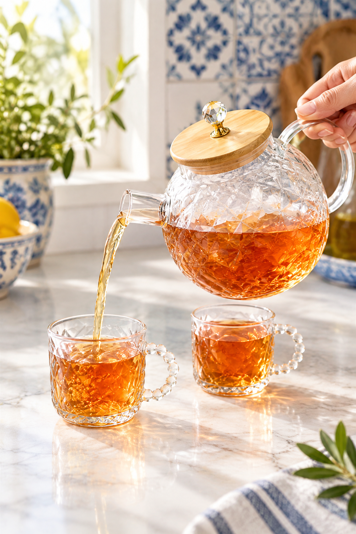 Bambu Kapaklı Desenli Cam Çay Seti – 7 Parça (1000 ml demlik + 6 adet 110 ml çay bardağı)