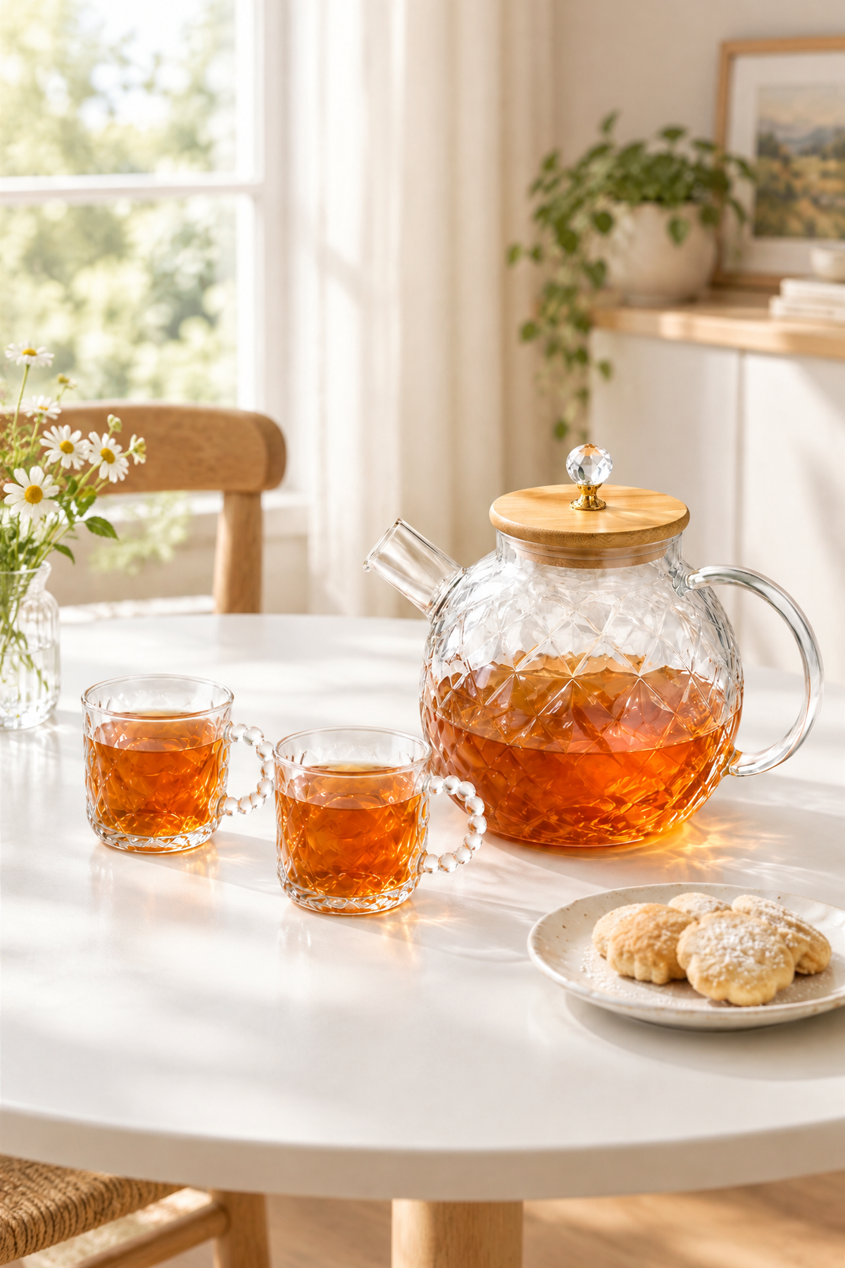 Bambu Kapaklı Desenli Cam Çay Seti – 7 Parça (1000 ml demlik + 6 adet 110 ml çay bardağı)