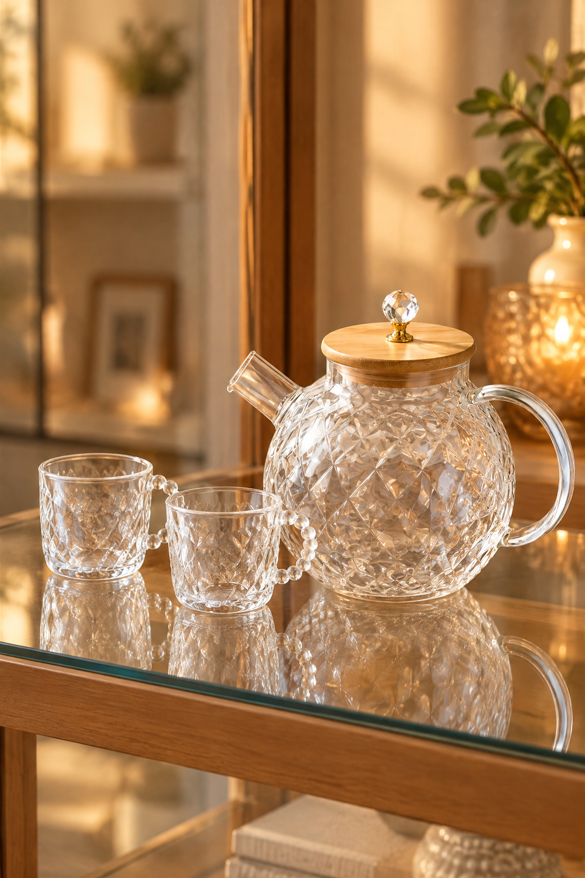 Bambu Kapaklı Desenli Cam Çay Seti – 7 Parça (1000 ml demlik + 6 adet 110 ml çay bardağı)