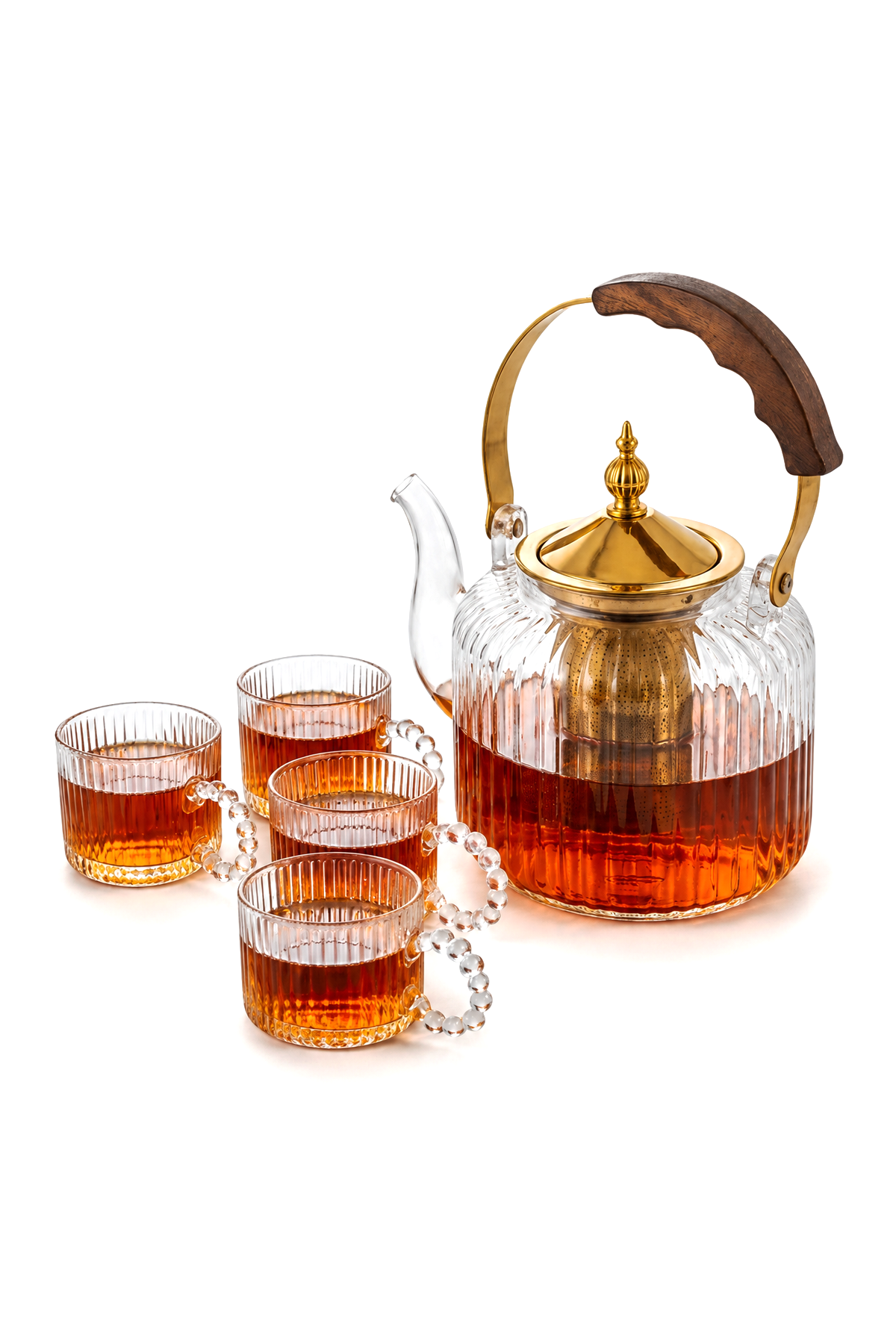 5 Parça Ahşap Metal Saplı Çizgili Cam Çay Seti, 1280 ml Demlik + 4 Adet 110 ml Bardak