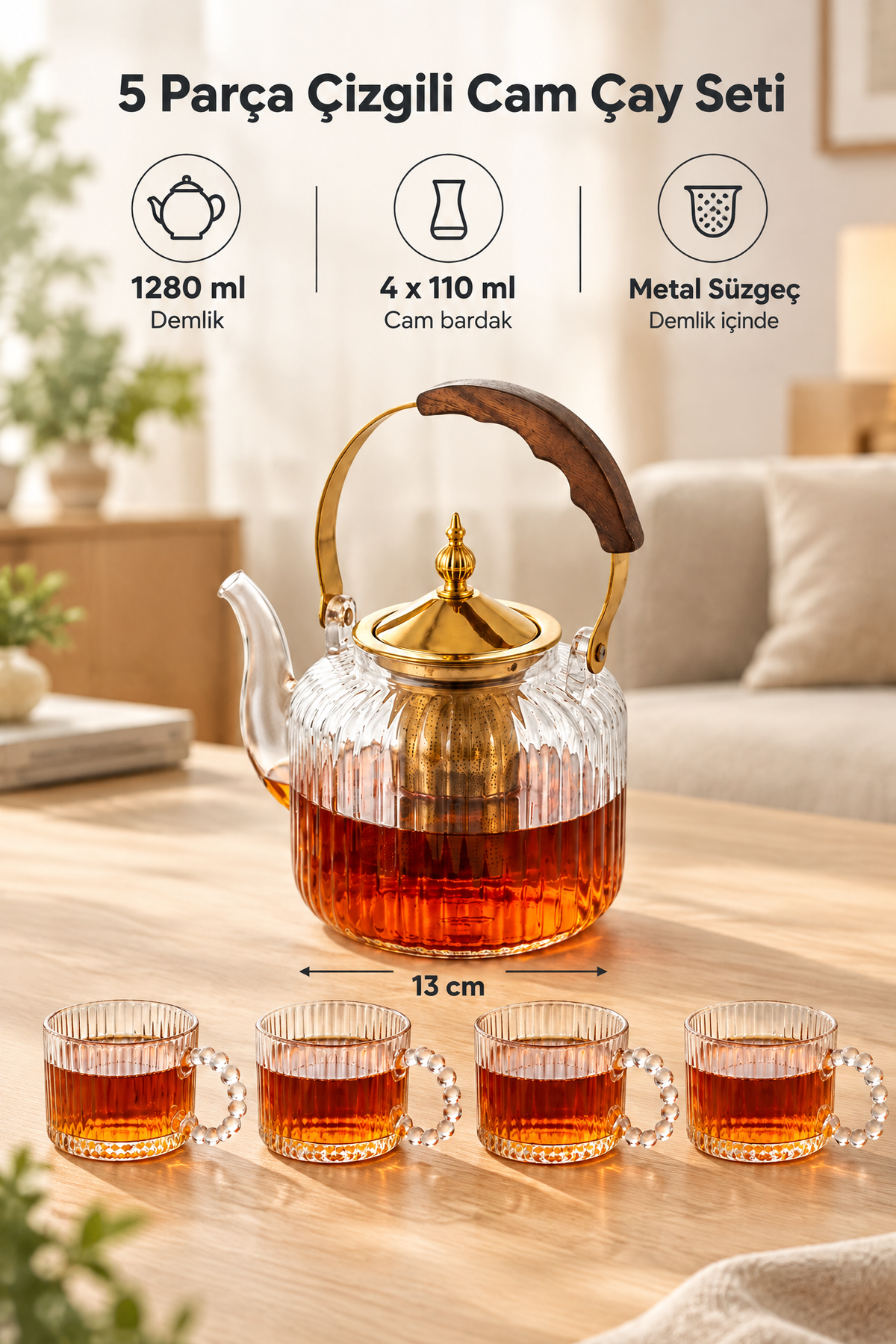 5 Parça Ahşap Metal Saplı Çizgili Cam Çay Seti, 1280 ml Demlik + 4 Adet 110 ml Bardak