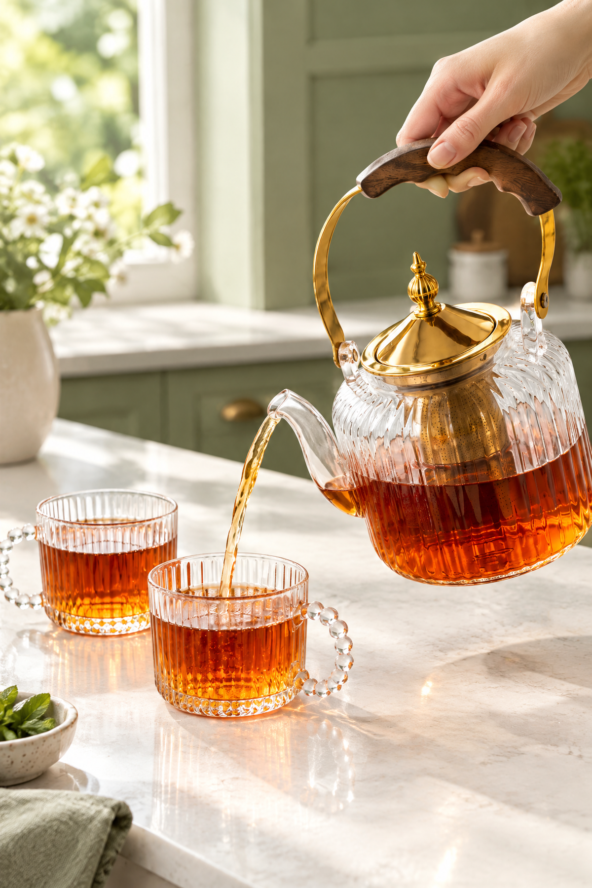 5 Parça Ahşap Metal Saplı Çizgili Cam Çay Seti, 1280 ml Demlik + 4 Adet 110 ml Bardak