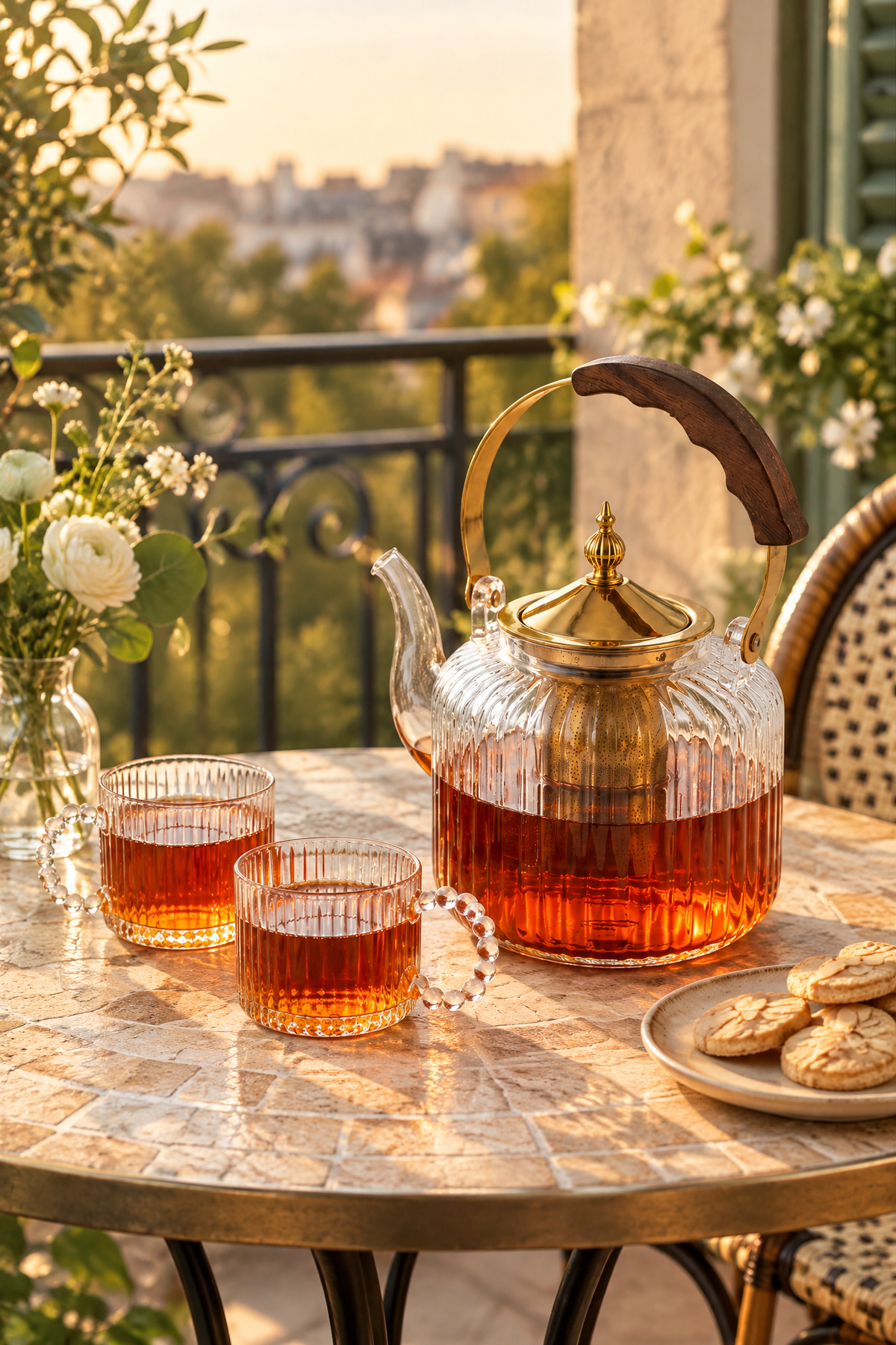 5 Parça Ahşap Metal Saplı Çizgili Cam Çay Seti, 1280 ml Demlik + 4 Adet 110 ml Bardak