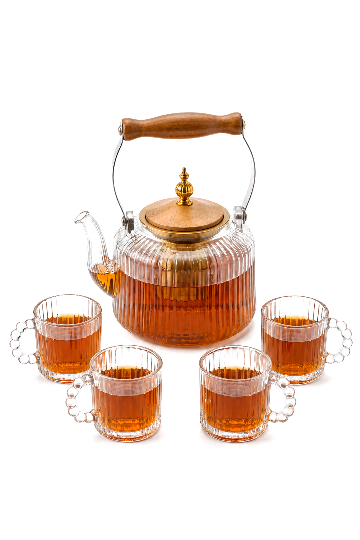 Cam Çay Seti – 1280 ml Demlik & 4 Adet 110 ml Bardak, Ahşap Tutamaçlı