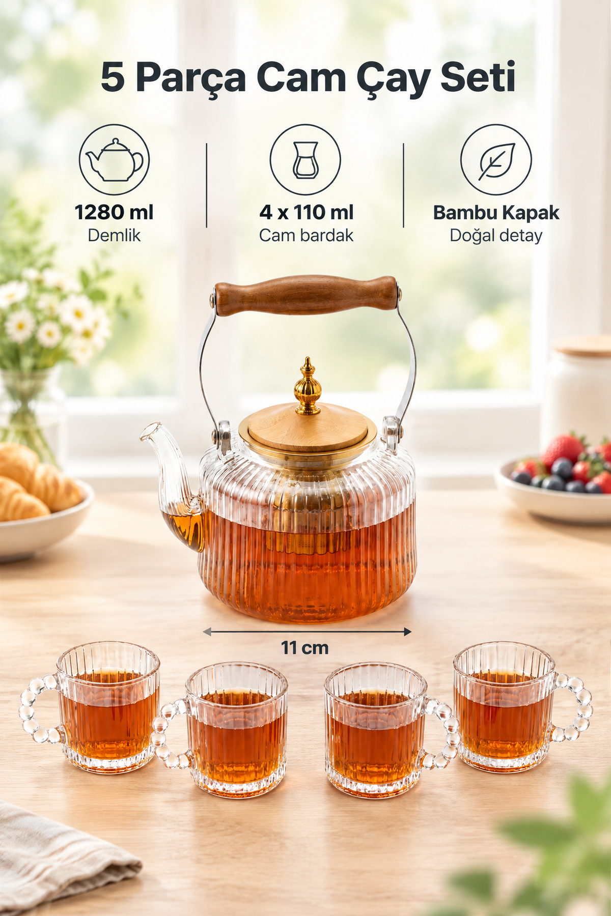 Cam Çay Seti – 1280 ml Demlik & 4 Adet 110 ml Bardak, Ahşap Tutamaçlı