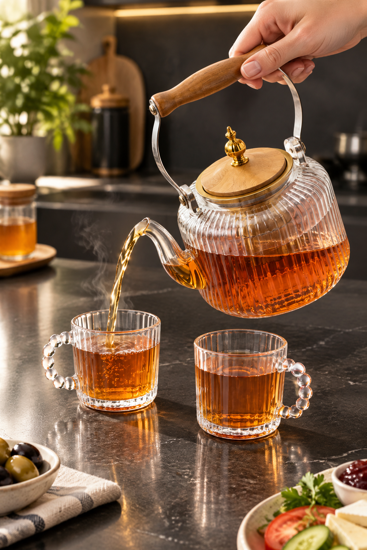 Cam Çay Seti – 1280 ml Demlik & 4 Adet 110 ml Bardak, Ahşap Tutamaçlı