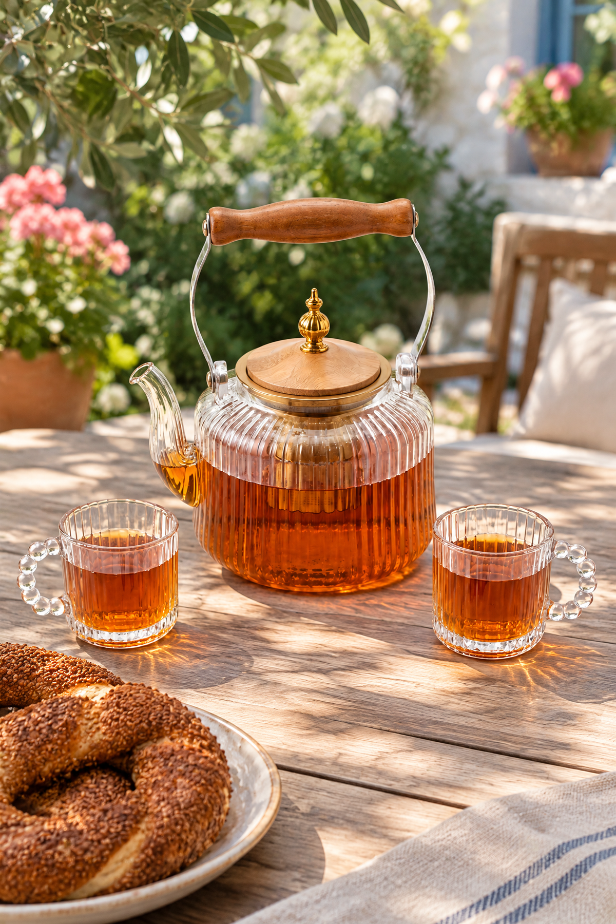 Cam Çay Seti – 1280 ml Demlik & 4 Adet 110 ml Bardak, Ahşap Tutamaçlı