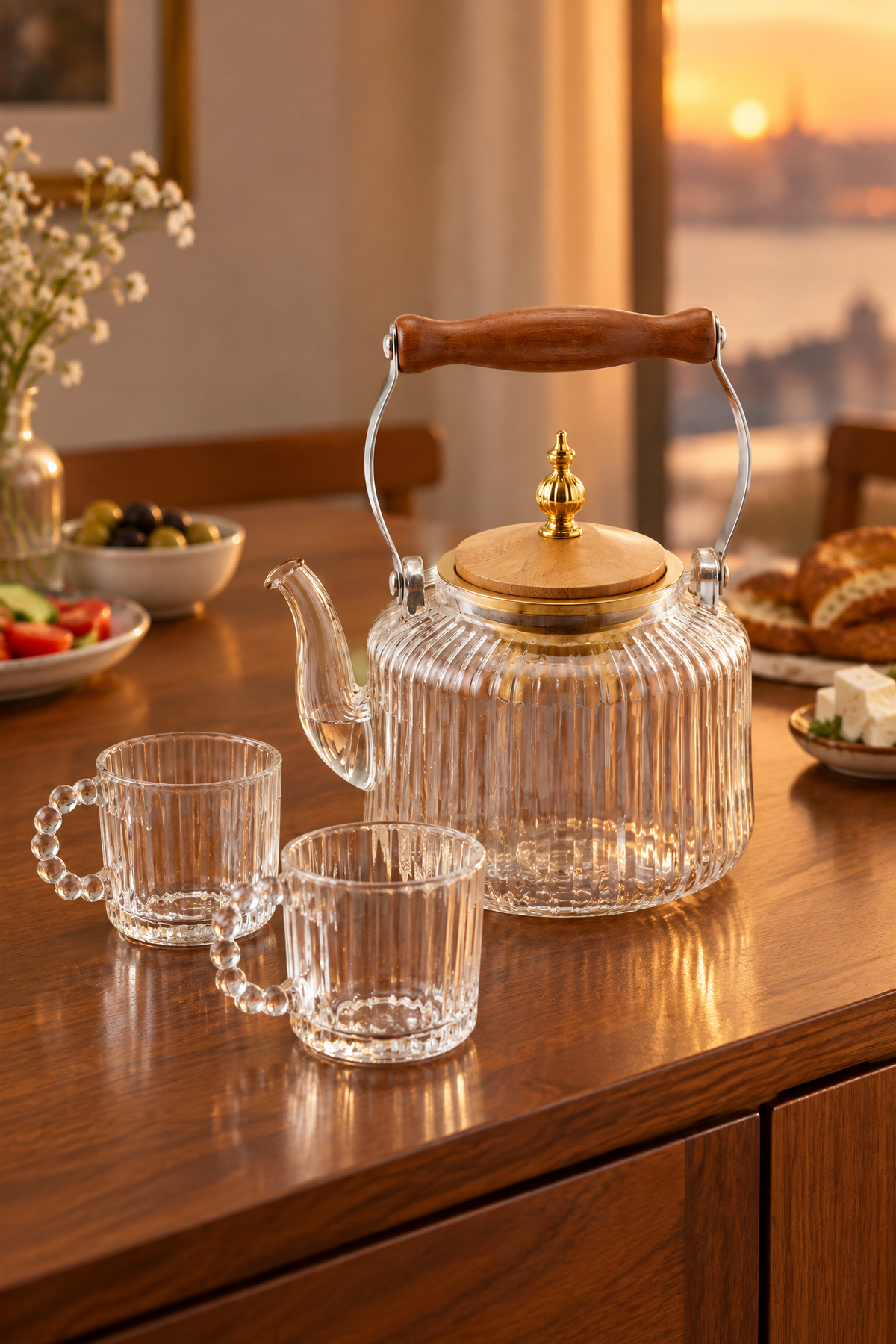 Cam Çay Seti – 1280 ml Demlik & 4 Adet 110 ml Bardak, Ahşap Tutamaçlı
