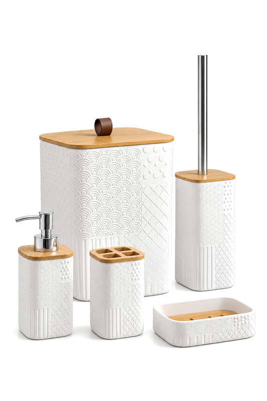 Bambu Detaylı 5 Parça Beyaz Banyo Seti, 21 x 19 x 25 cm