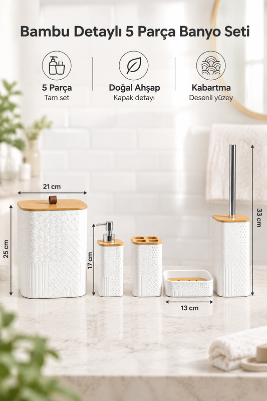 Bambu Detaylı 5 Parça Beyaz Banyo Seti, 21 x 19 x 25 cm