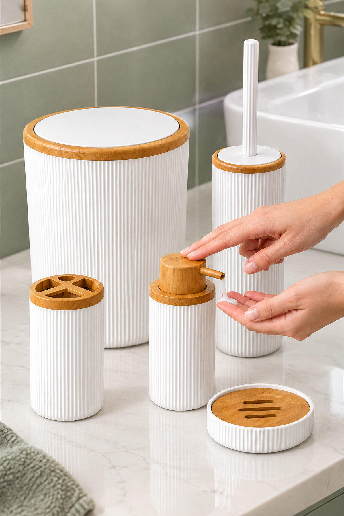 Beyaz Bambu Desenli Nola 5 Parça Banyo Seti, 6 litre