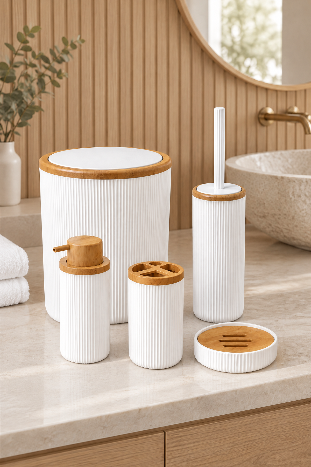Beyaz Bambu Desenli Nola 5 Parça Banyo Seti, 6 litre