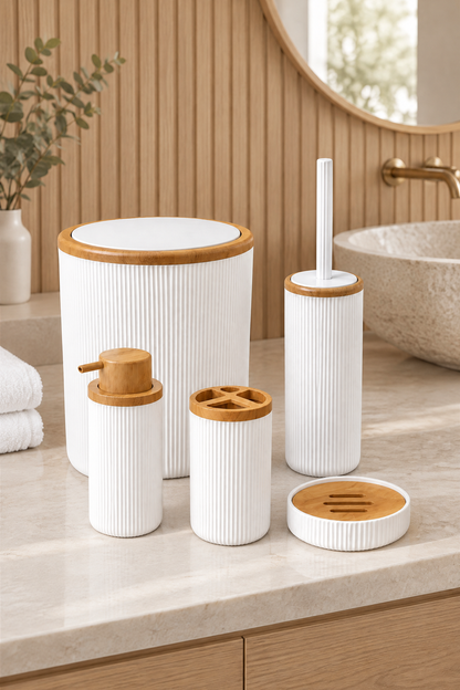 Beyaz Bambu Desenli Nola 5 Parça Banyo Seti, 6 litre