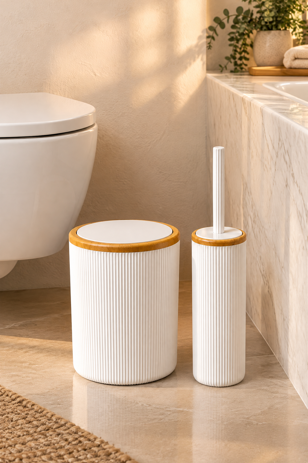 Beyaz Bambu Desenli Nola 5 Parça Banyo Seti, 6 litre
