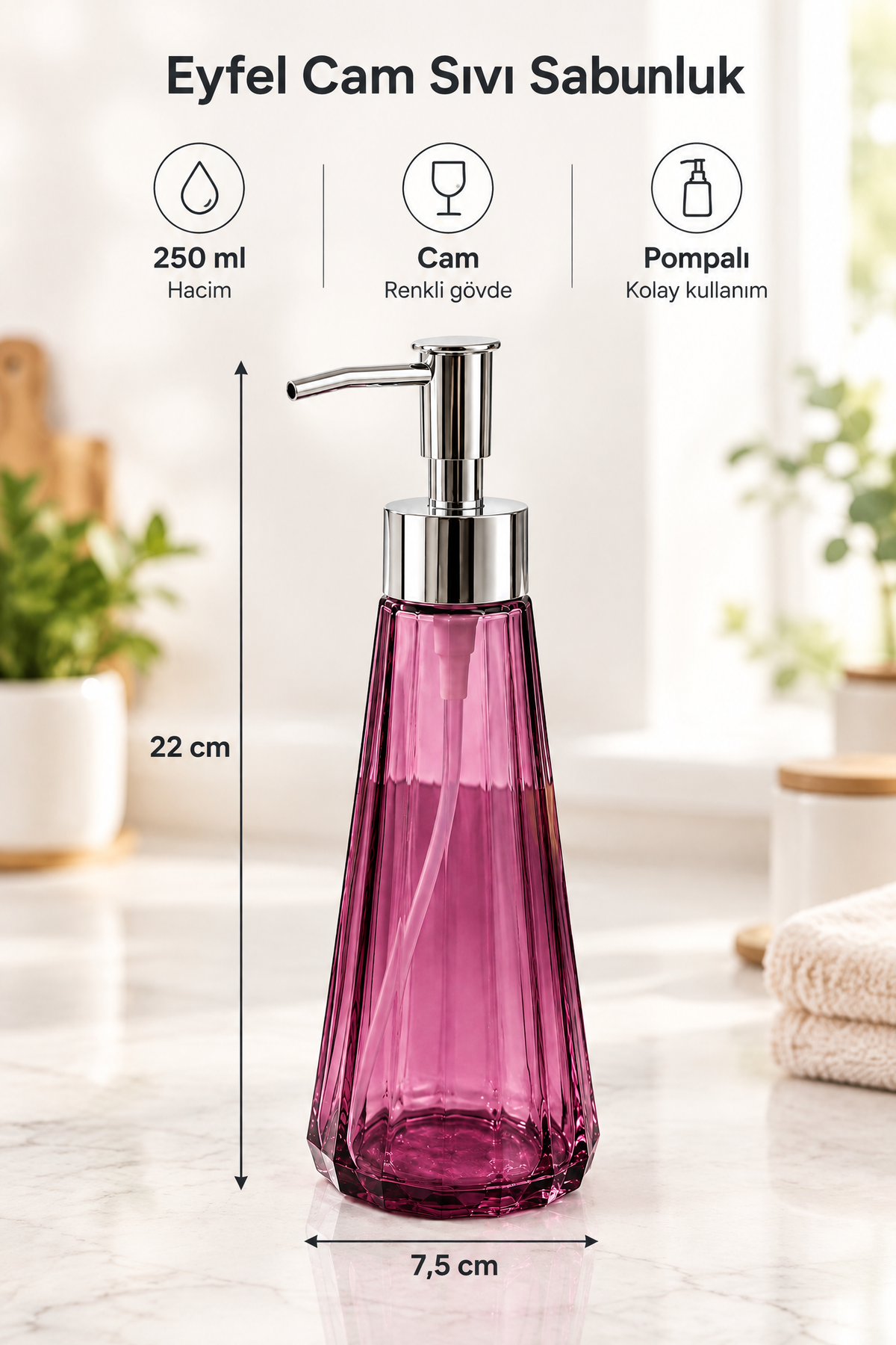 Eyfel Cam Sıvı Sabunluk 250 ml, 7,5x22 cm – Pembe