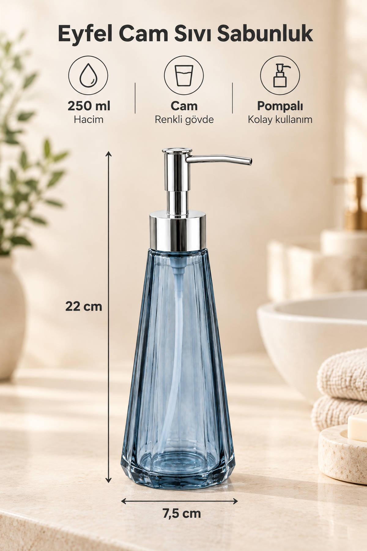 Eyfel Cam Sıvı Sabunluk 250 ml, 7,5x22 cm – Mavi