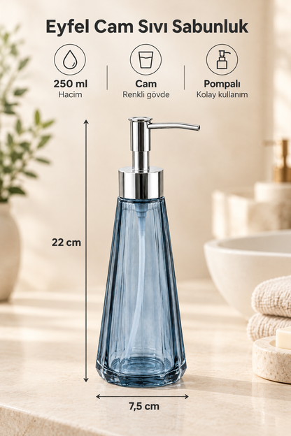 Eyfel Cam Sıvı Sabunluk 250 ml, 7,5x22 cm – Mavi