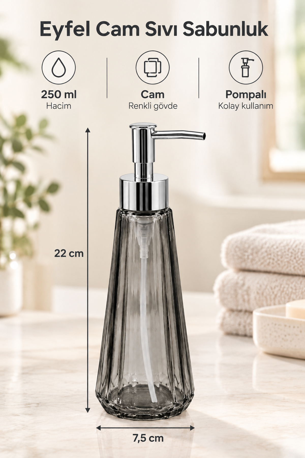 Eyfel Cam Sıvı Sabunluk 250 ml, 7,5x22 cm – Siyah