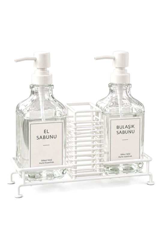 Liva 2’li Cam Sıvı Sabunluk Seti, Metal Stantlı, Süngerlikli, 2 x 500 ml, 24x9,5x23 cm. – Beyaz