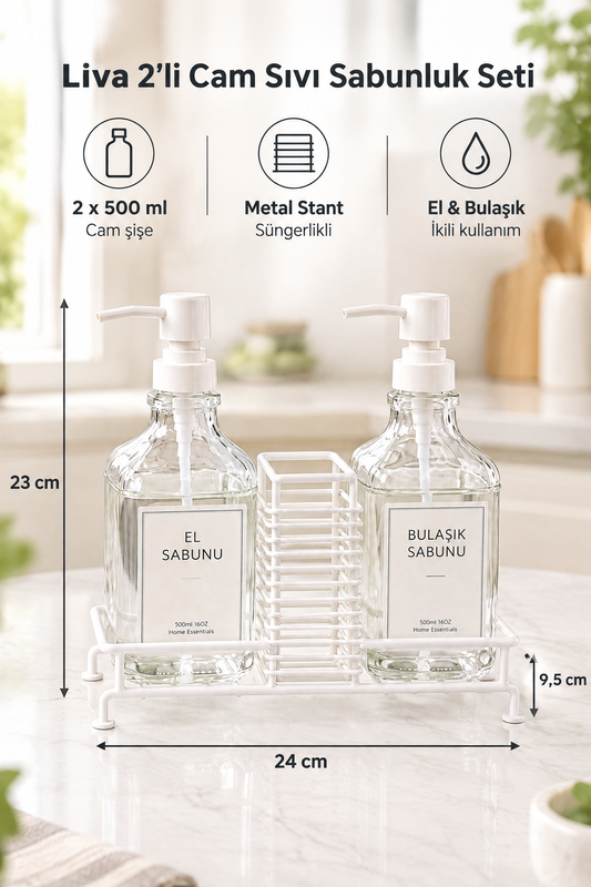 Liva 2’li Cam Sıvı Sabunluk Seti, Metal Stantlı, Süngerlikli, 2 x 500 ml, 24x9,5x23 cm. – Beyaz