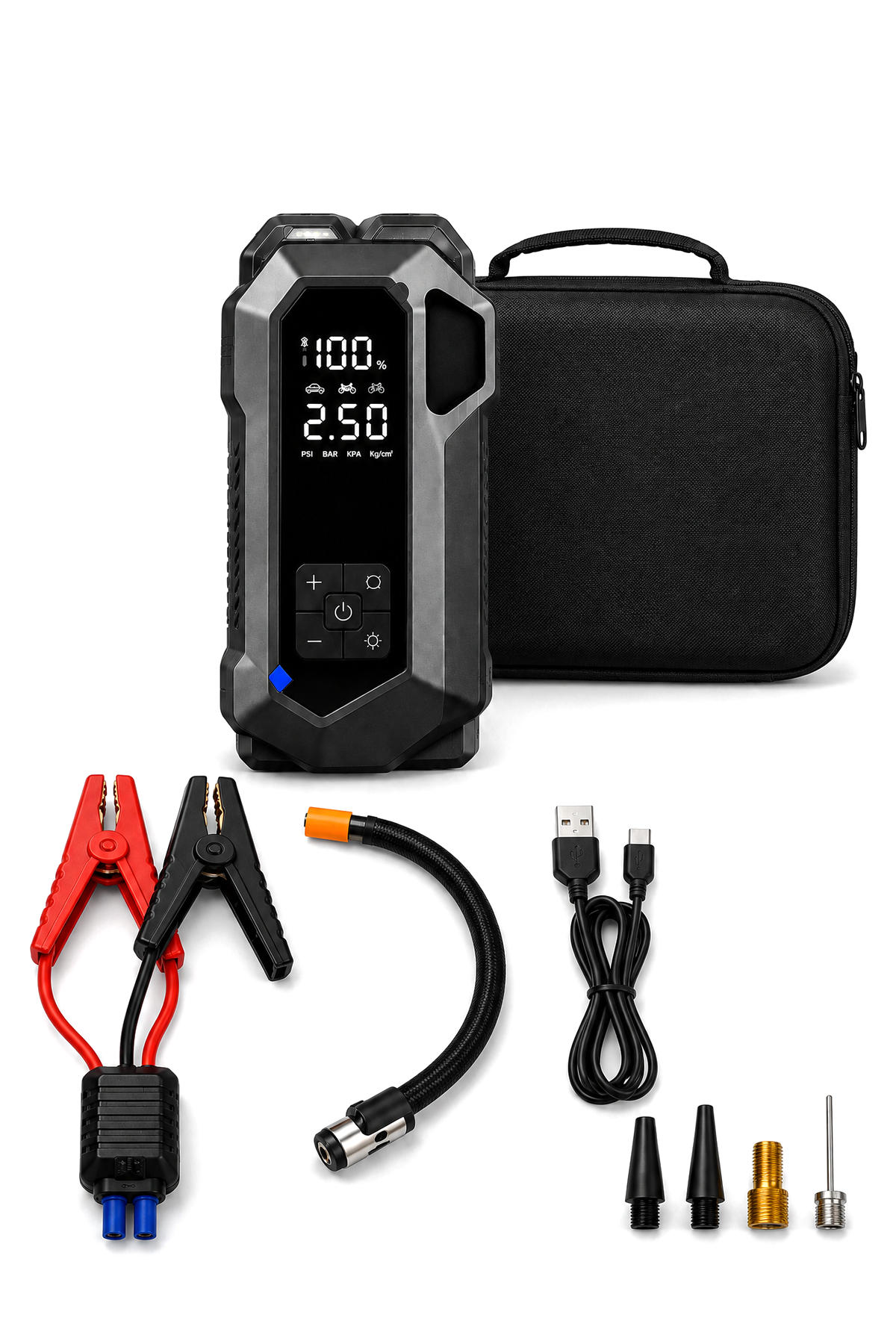 4'ü 1 Arada Akü Takviye Cihazı, 150 PSI Hava Kompresörü, Powerbank ve LED Fener