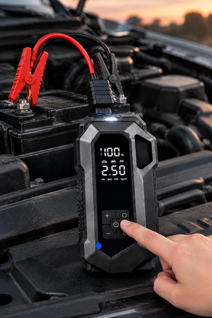 4'ü 1 Arada Akü Takviye Cihazı, 150 PSI Hava Kompresörü, Powerbank ve LED Fener