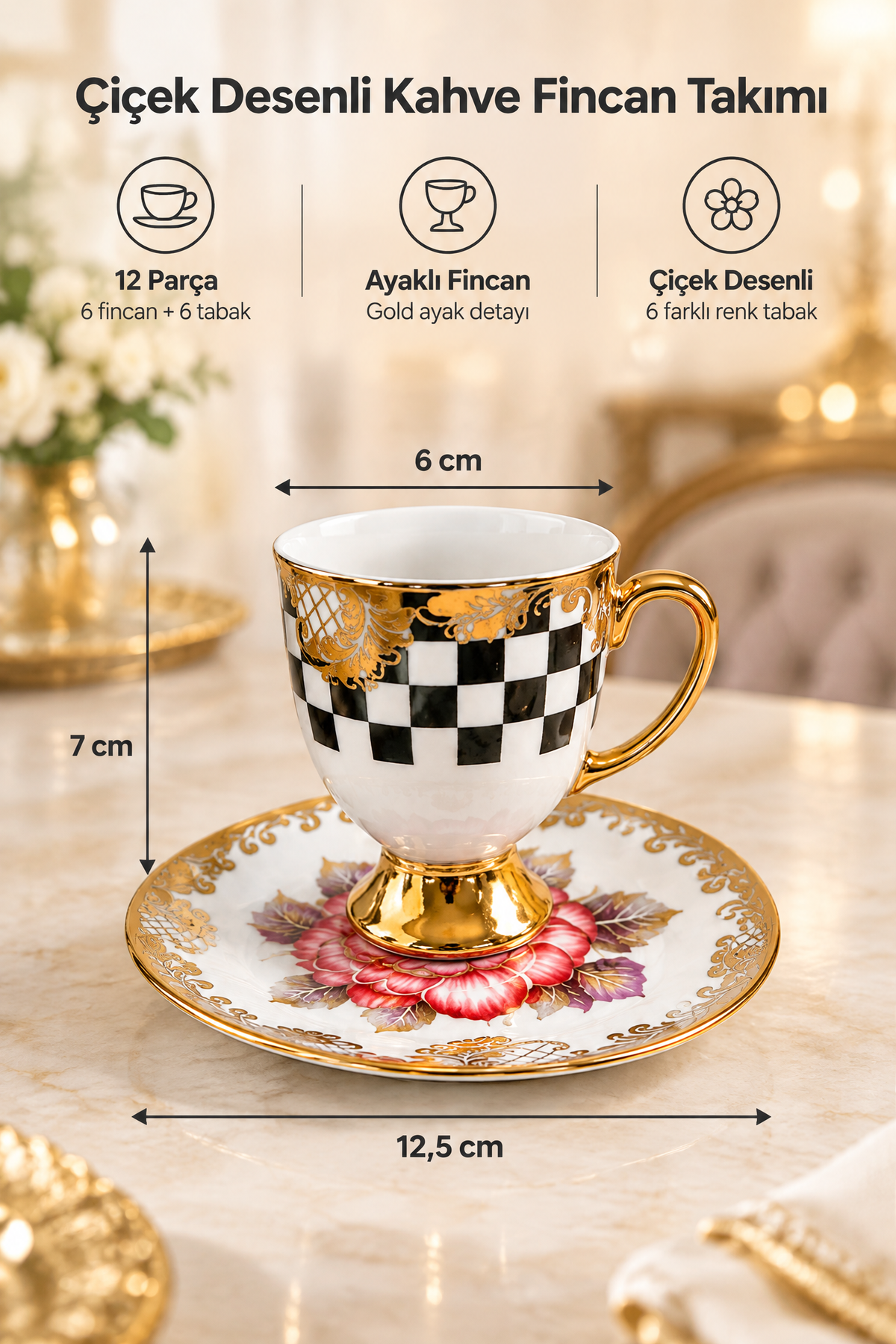 6 Kişilik 12 Parça Gold Detaylı Desenli Kahve Fincan Takımı – Siyah Beyaz Çiçekli