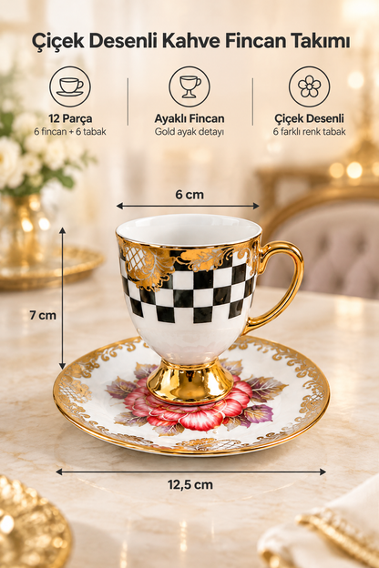 6 Kişilik 12 Parça Gold Detaylı Desenli Kahve Fincan Takımı – Siyah Beyaz Çiçekli