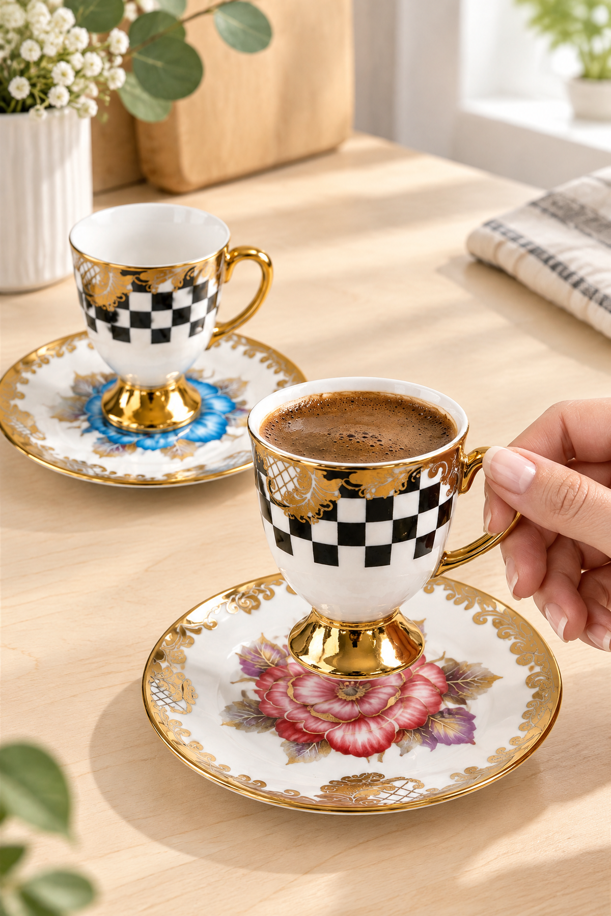 6 Kişilik 12 Parça Gold Detaylı Desenli Kahve Fincan Takımı – Siyah Beyaz Çiçekli