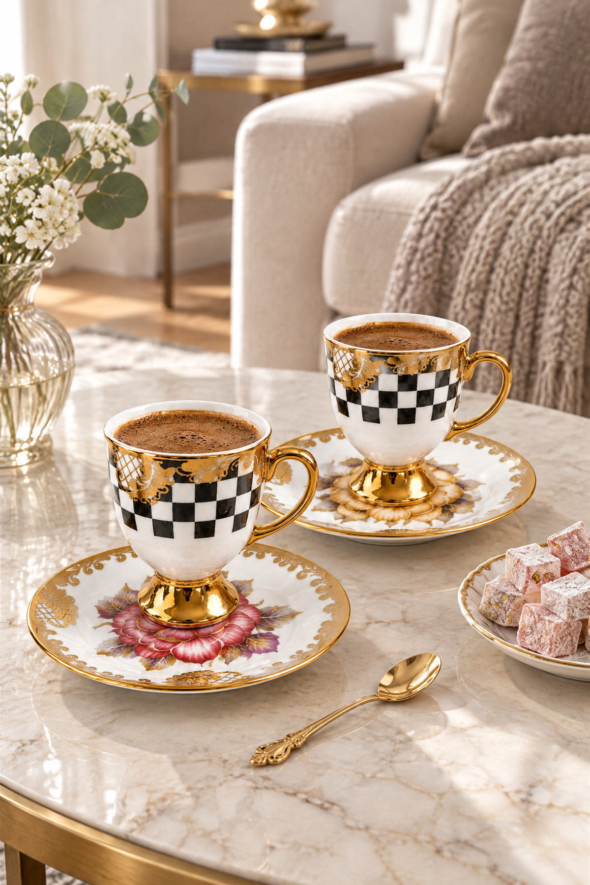 6 Kişilik 12 Parça Gold Detaylı Desenli Kahve Fincan Takımı – Siyah Beyaz Çiçekli