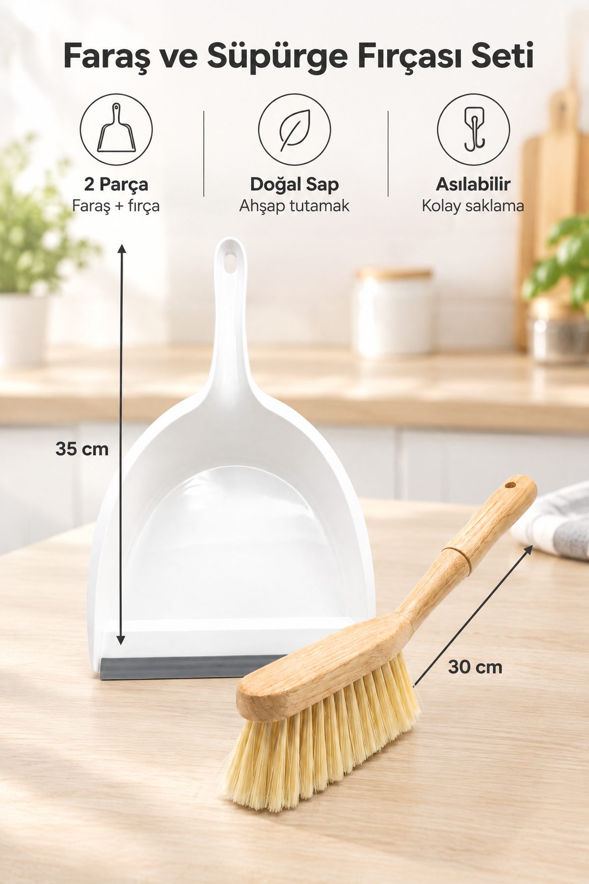 Faraş ve Bambu Saplı Süpürge Fırçası Seti, 2 Parça, Beyaz, 35 cm Kürek, 30 cm Fırça