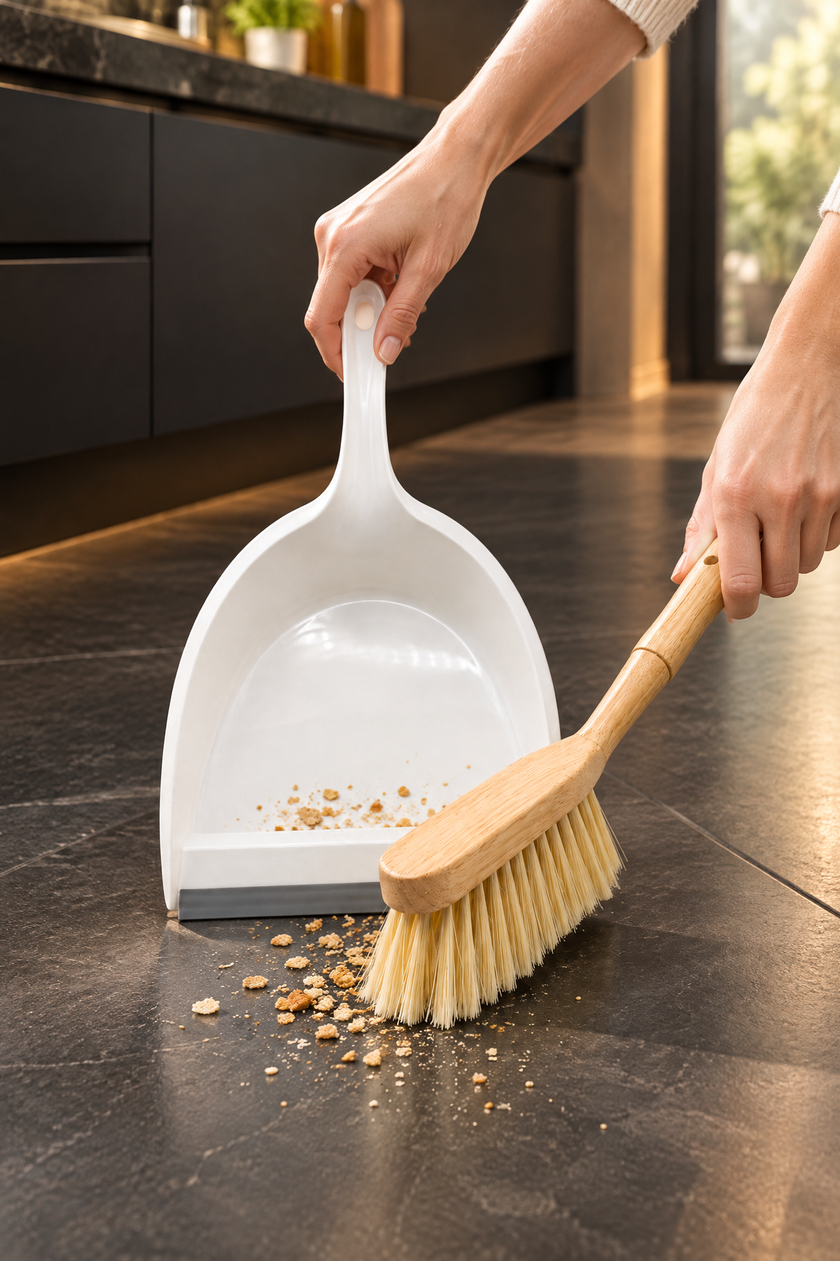 Faraş ve Bambu Saplı Süpürge Fırçası Seti, 2 Parça, Beyaz, 35 cm Kürek, 30 cm Fırça