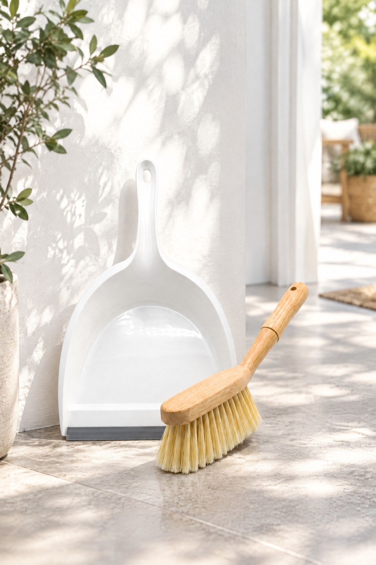 Faraş ve Bambu Saplı Süpürge Fırçası Seti, 2 Parça, Beyaz, 35 cm Kürek, 30 cm Fırça