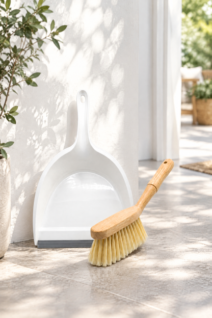 Faraş ve Bambu Saplı Süpürge Fırçası Seti, 2 Parça, Beyaz, 35 cm Kürek, 30 cm Fırça
