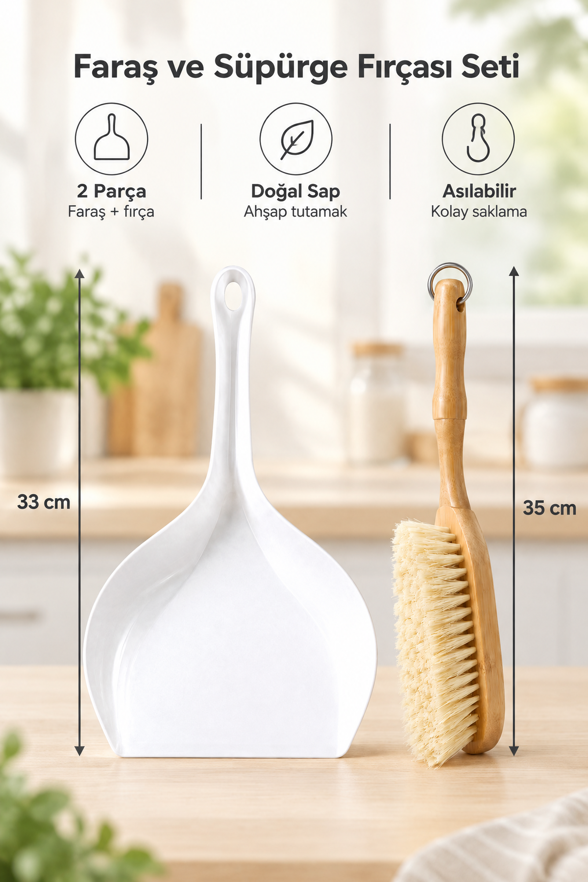 Faraş ve Ahşap Saplı Süpürge Fırçası Seti, 2 Parça, Geniş Ağızlı, 33 cm Kürek, 35 cm Fırça